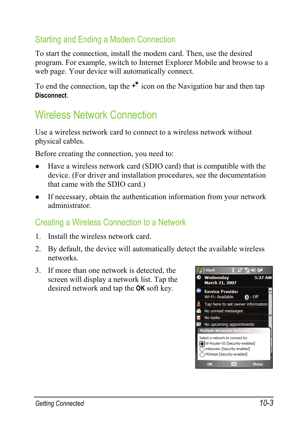 Wireless network connection, Starting and ending a modem connection, Creating a wireless connection to a network | Mio A501 User Manual | Page 181 / 202