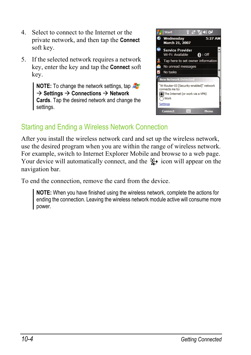 Starting and ending a wireless network connection | Mio A501 User Manual | Page 182 / 202