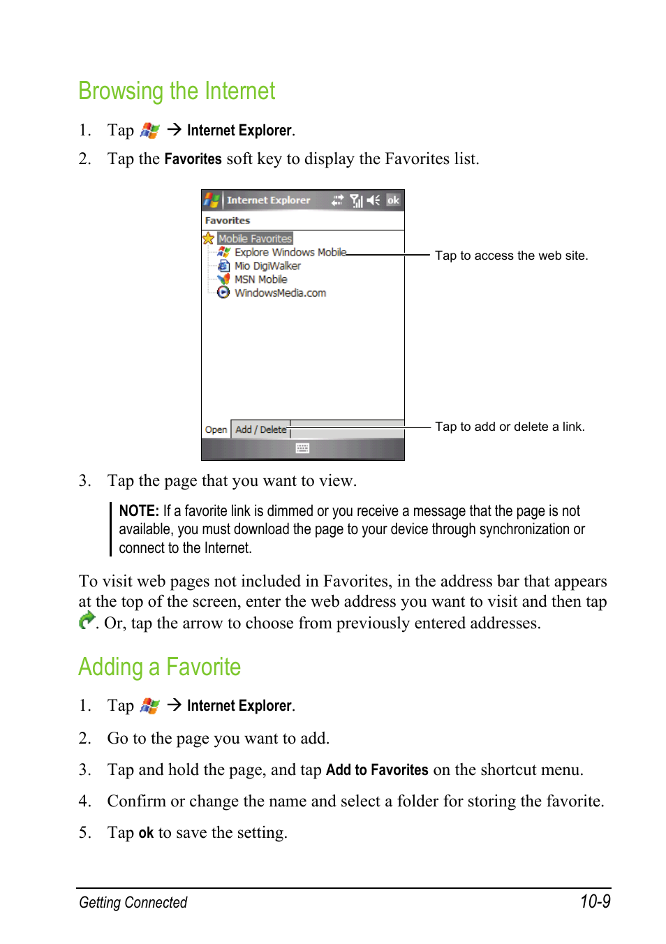 Browsing the internet, Adding a favorite | Mio A501 User Manual | Page 187 / 202