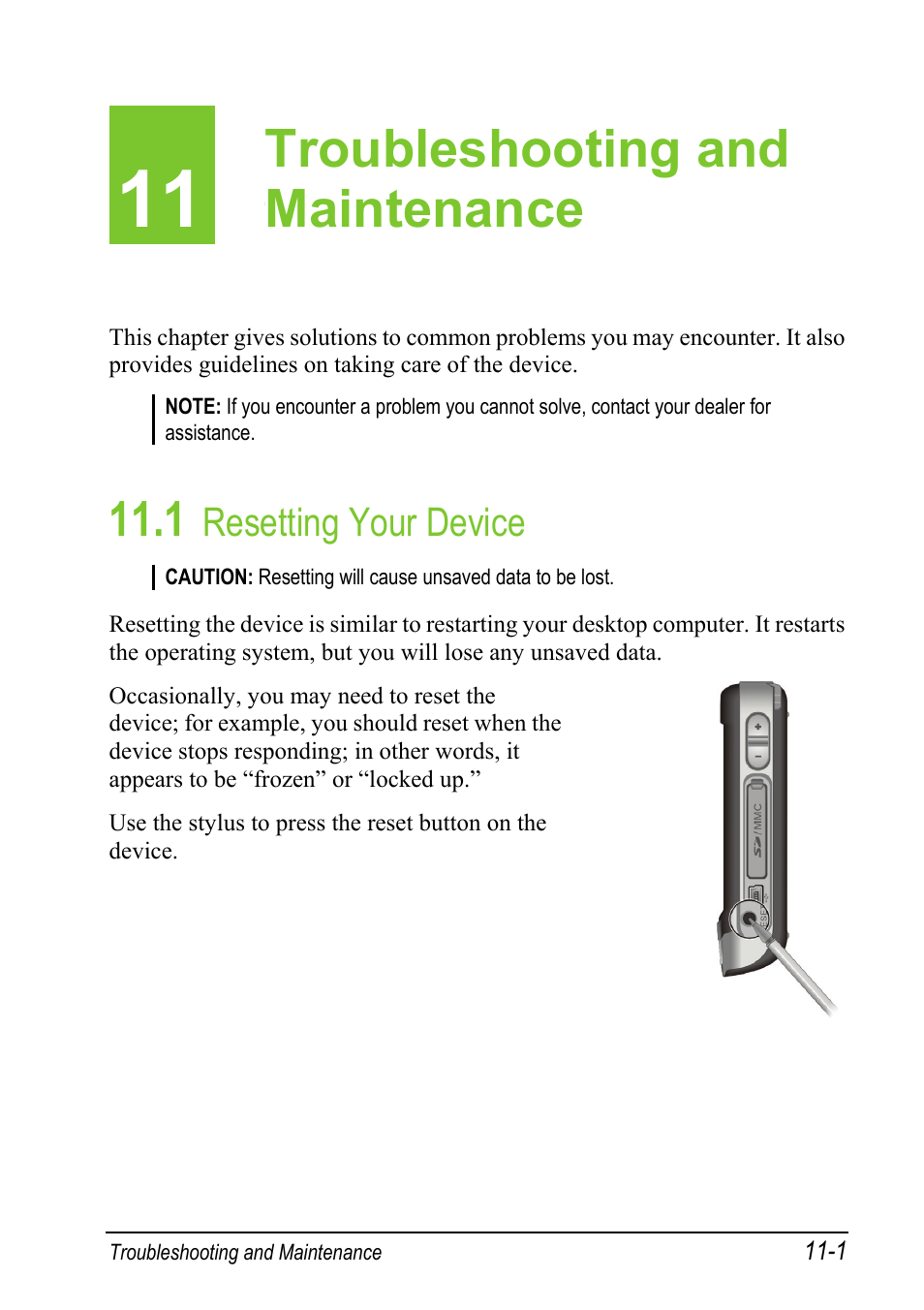 11 troubleshooting and maintenance, 1 resetting your device, Resetting your device | Troubleshooting and maintenance | Mio A501 User Manual | Page 189 / 202