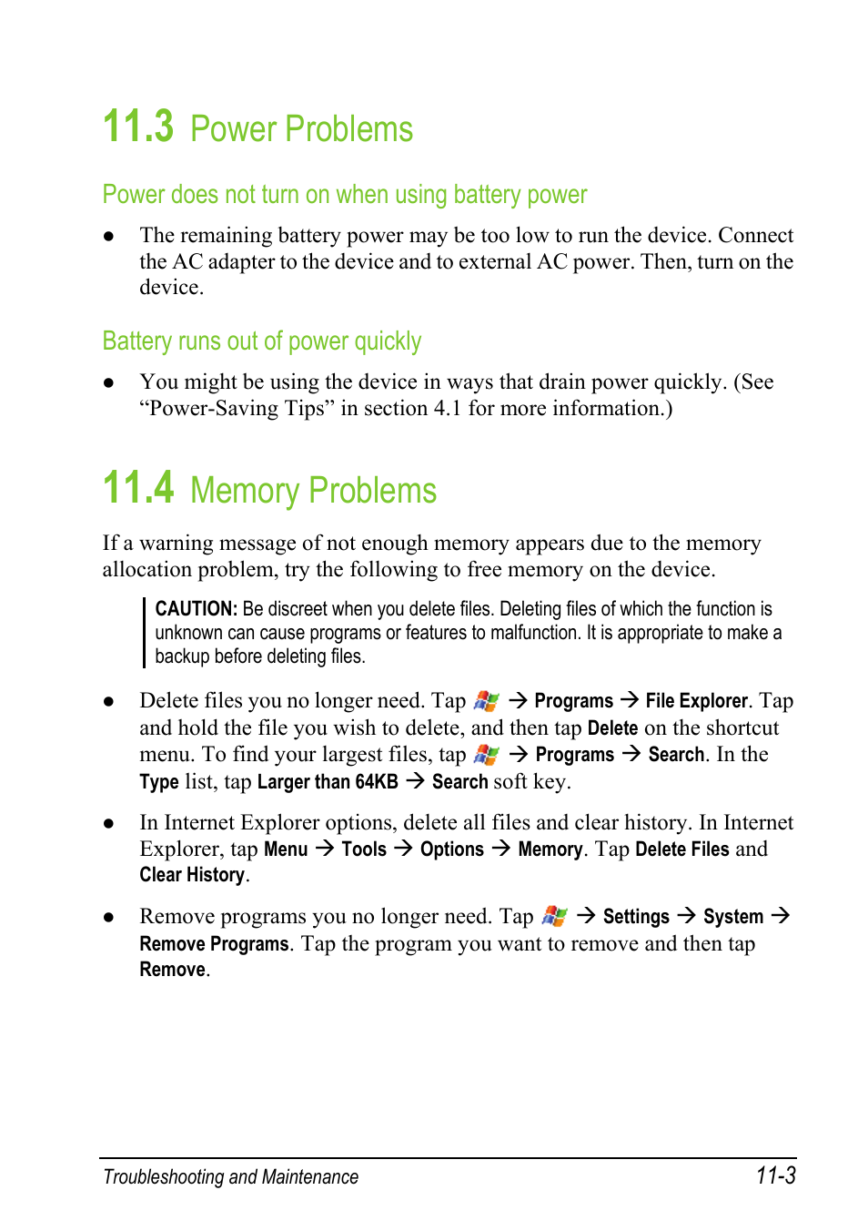 3 power problems, 4 memory problems, Power problems | Power does not turn on when using battery power, Battery runs out of power quickly | Mio A501 User Manual | Page 191 / 202