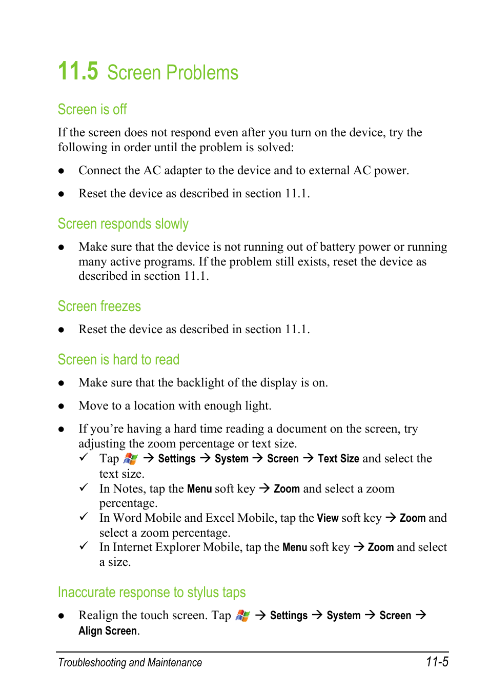 5 screen problems, Screen problems, Screen is off | Screen responds slowly, Screen freezes, Screen is hard to read, Inaccurate response to stylus taps | Mio A501 User Manual | Page 193 / 202