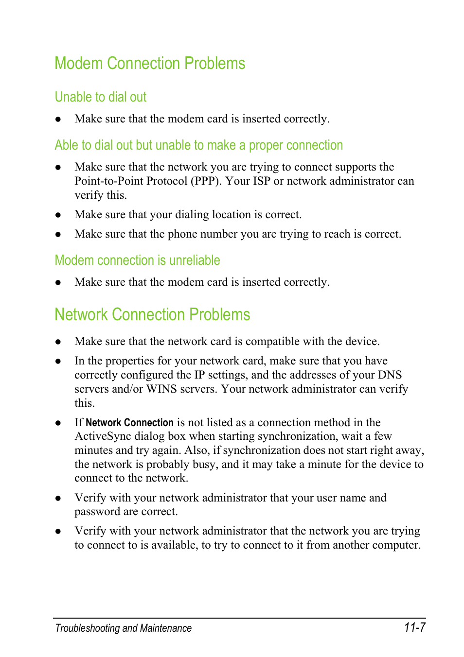 Modem connection problems, Network connection problems, Unable to dial out | Modem connection is unreliable | Mio A501 User Manual | Page 195 / 202