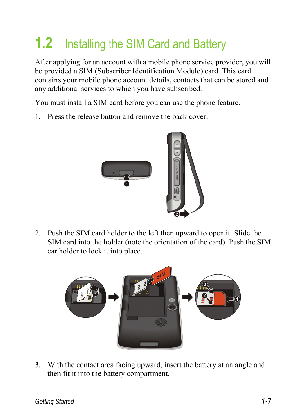 2 installing the sim card and battery, Installing the sim card and battery | Mio A501 User Manual | Page 23 / 202