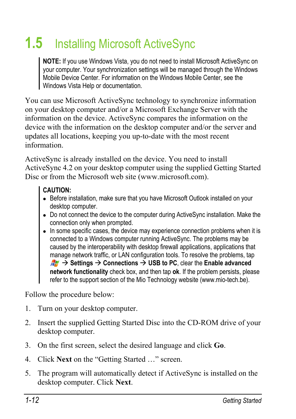 5 installing microsoft activesync, Installing microsoft activesync | Mio A501 User Manual | Page 28 / 202