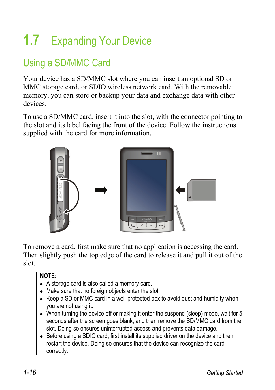 7 expanding your device, Using a sd/mmc card, Expanding your device | Mio A501 User Manual | Page 32 / 202