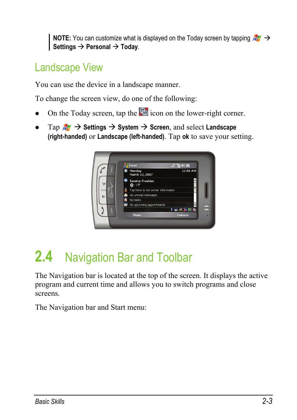 Landscape view, 4 navigation bar and toolbar, Navigation bar and toolbar | Mio A501 User Manual | Page 37 / 202