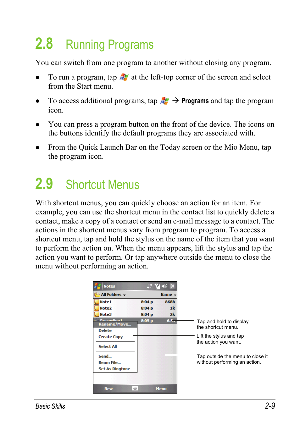 8 running programs, 9 shortcut menus, Running programs | Shortcut menus | Mio A501 User Manual | Page 43 / 202