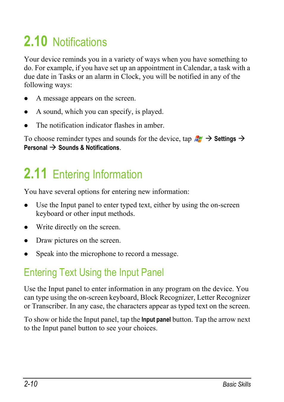 10 notifications, 11 entering information, Entering text using the input panel | Notifications, Entering information | Mio A501 User Manual | Page 44 / 202