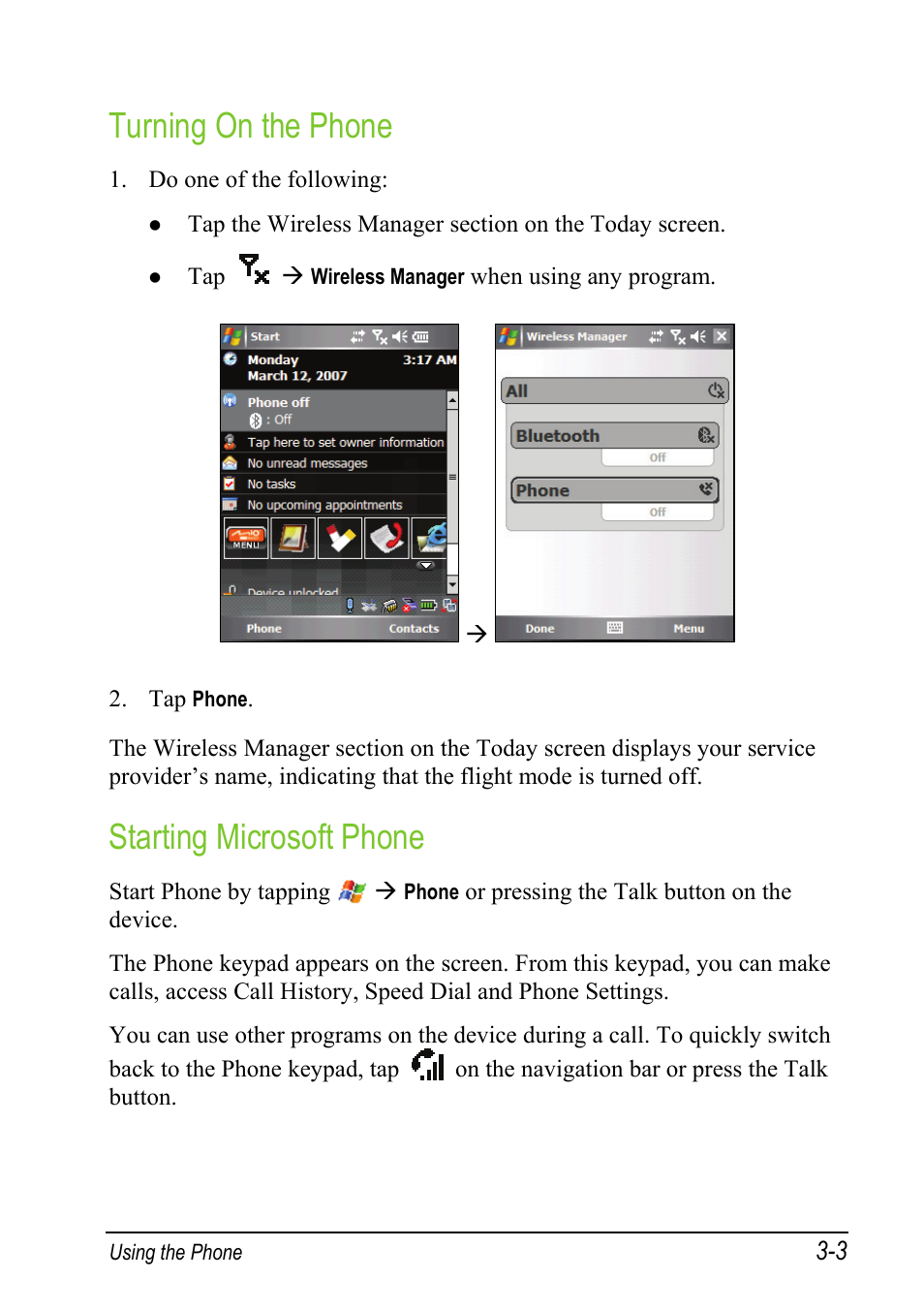 Turning on the phone, Starting microsoft phone | Mio A501 User Manual | Page 57 / 202