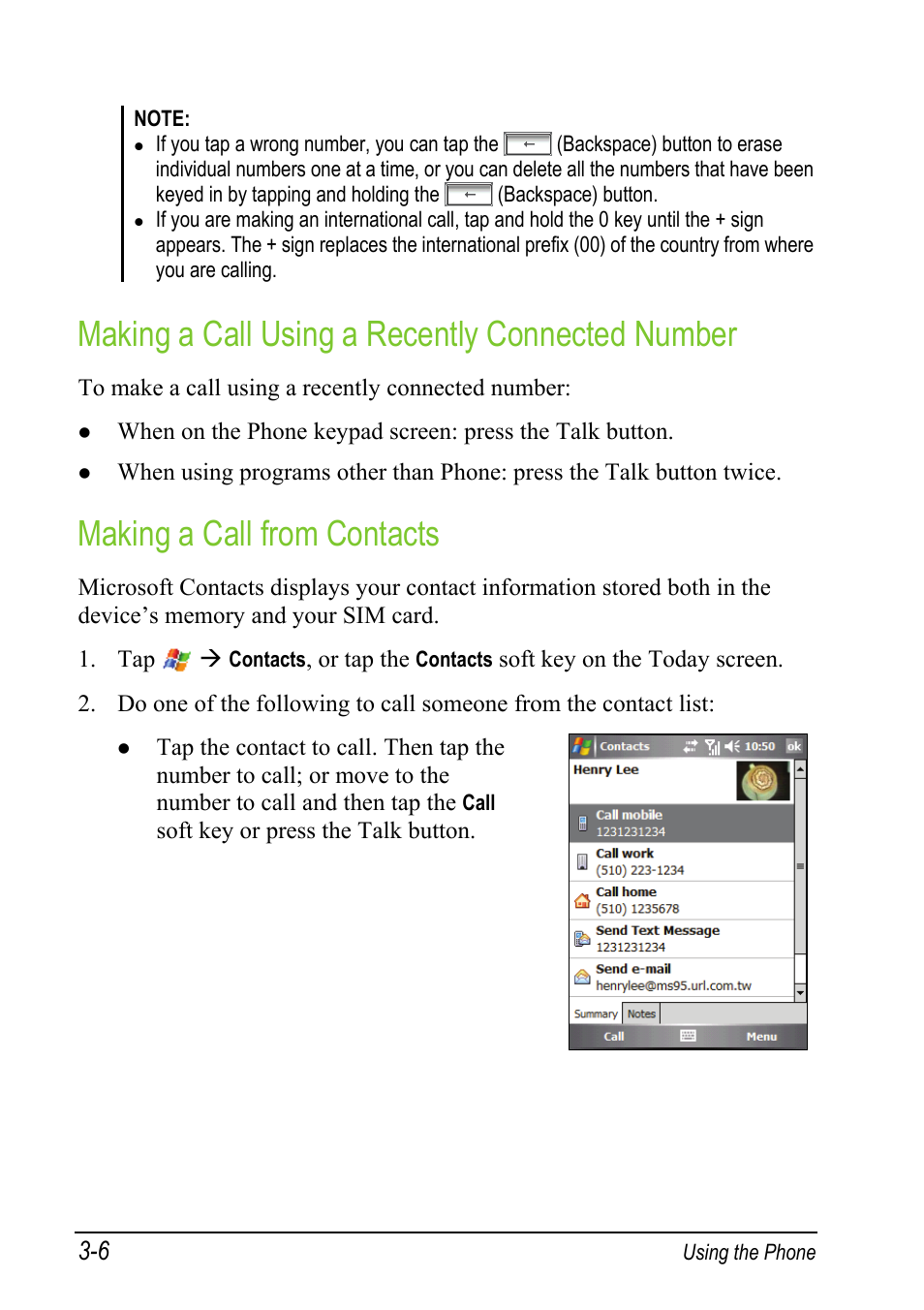 Making a call using a recently connected number, Making a call from contacts | Mio A501 User Manual | Page 60 / 202