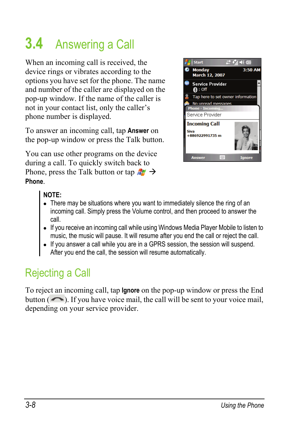 4 answering a call, Rejecting a call, Answering a call | Mio A501 User Manual | Page 62 / 202