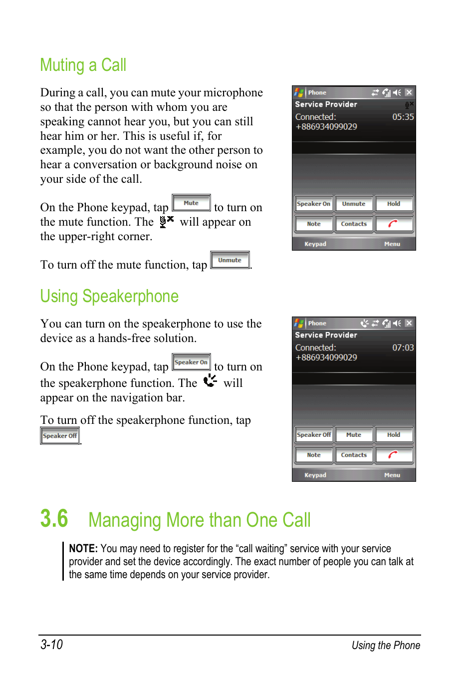 Muting a call, Using speakerphone, 6 managing more than one call | Managing more than one call | Mio A501 User Manual | Page 64 / 202