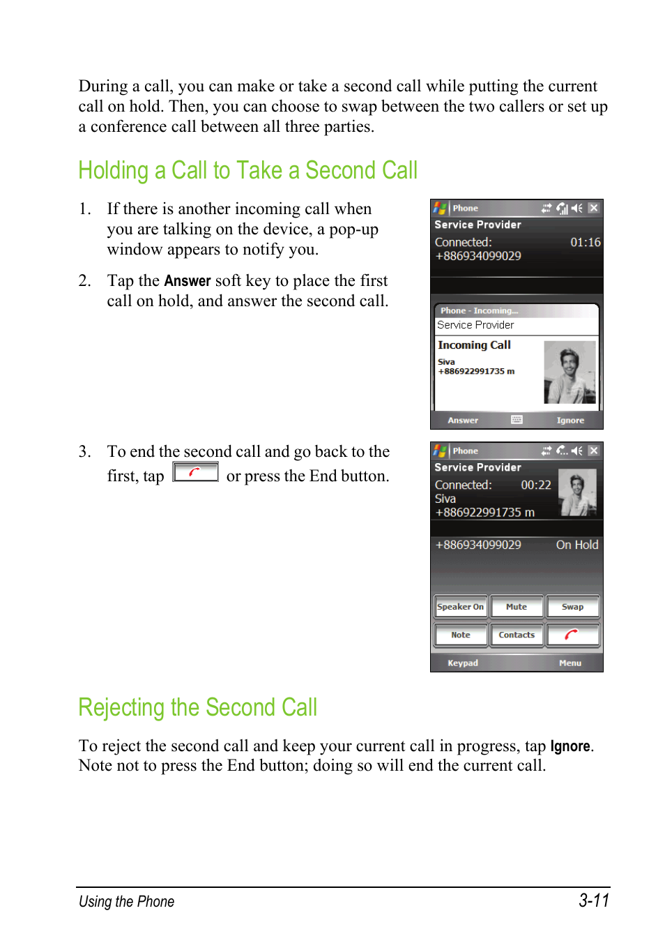 Holding a call to take a second call, Rejecting the second call | Mio A501 User Manual | Page 65 / 202