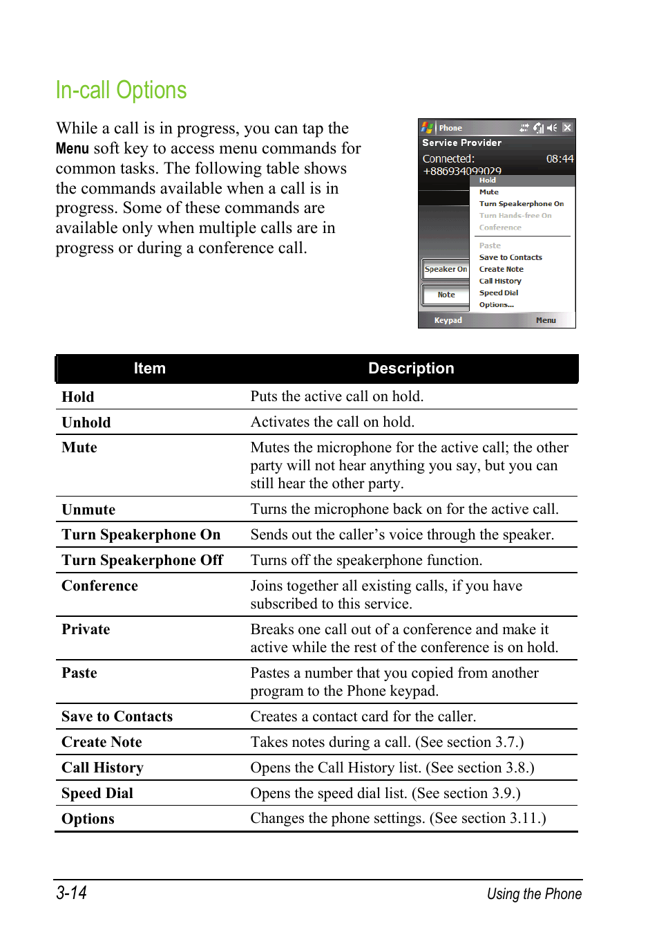 In-call options | Mio A501 User Manual | Page 68 / 202