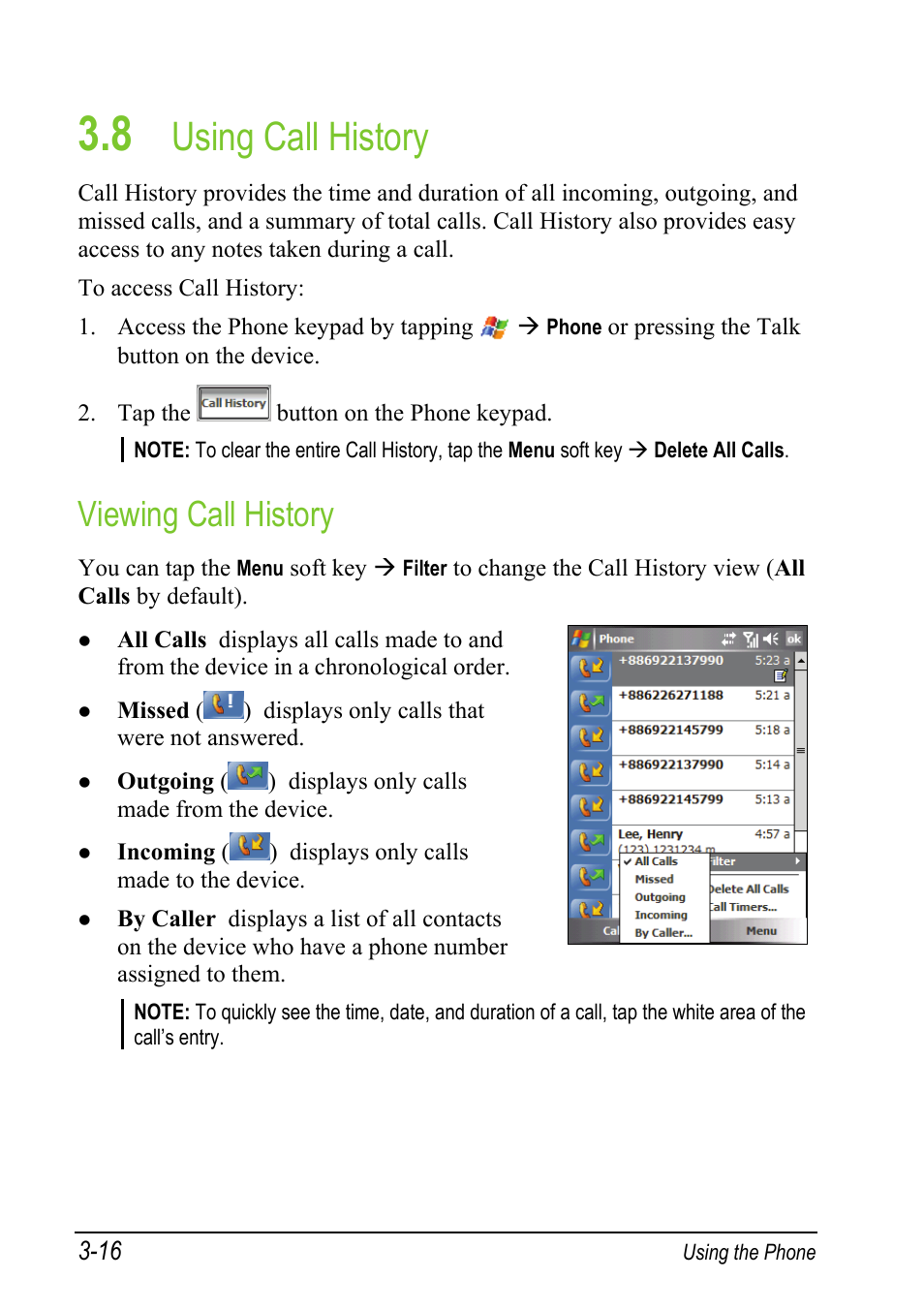 8 using call history, Viewing call history, Using call history | Mio A501 User Manual | Page 70 / 202