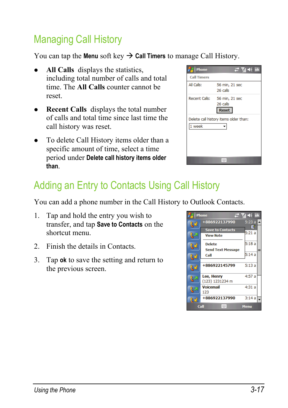 Managing call history, Adding an entry to contacts using call history | Mio A501 User Manual | Page 71 / 202