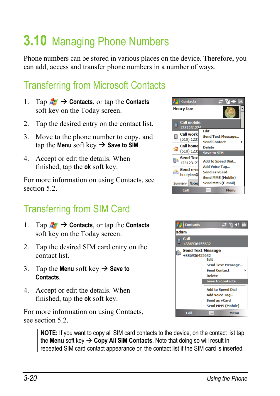 10 managing phone numbers, Transferring from microsoft contacts, Transferring from sim card | Managing phone numbers | Mio A501 User Manual | Page 74 / 202