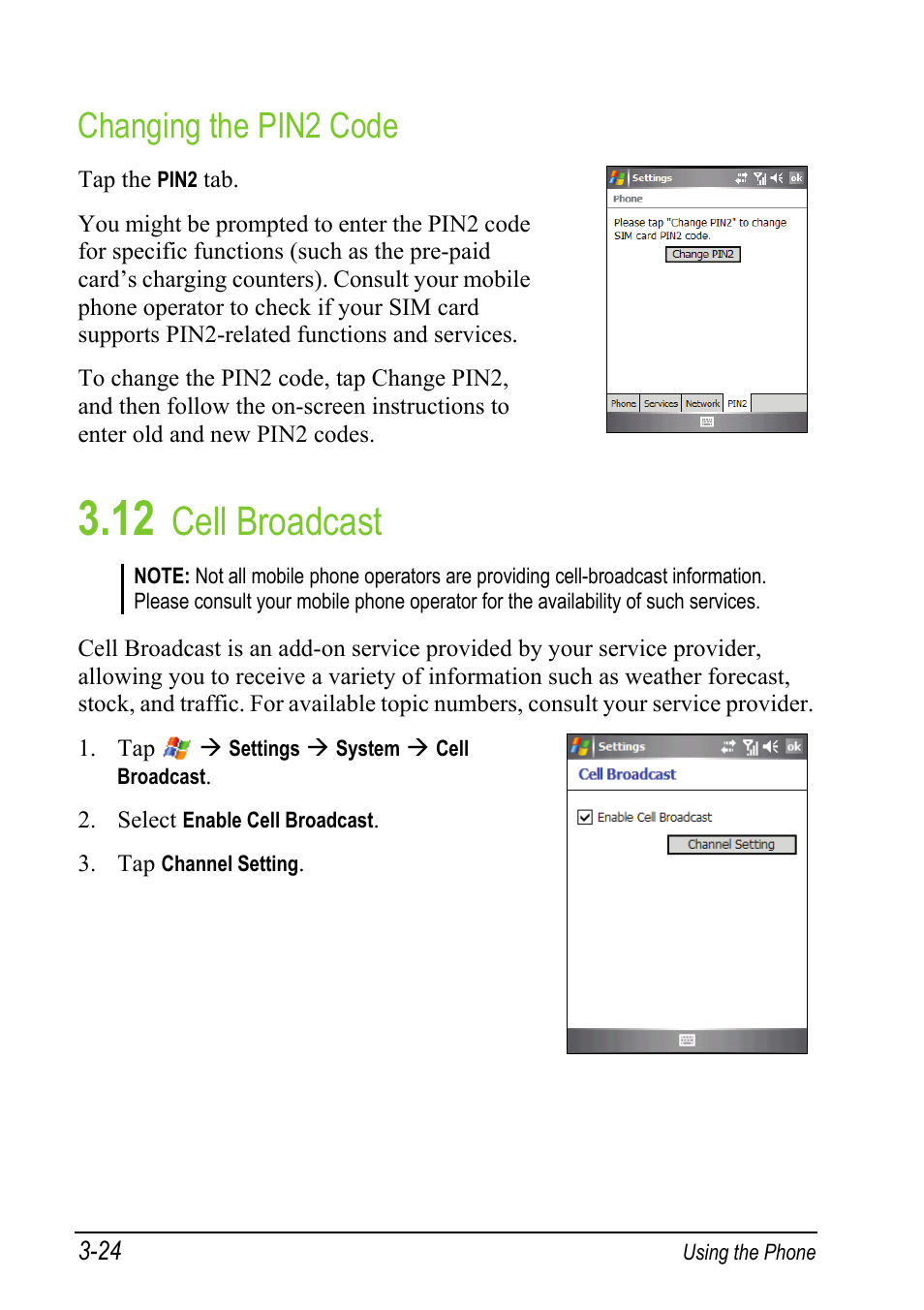Changing the pin2 code, 12 cell broadcast, Cell broadcast | Mio A501 User Manual | Page 78 / 202