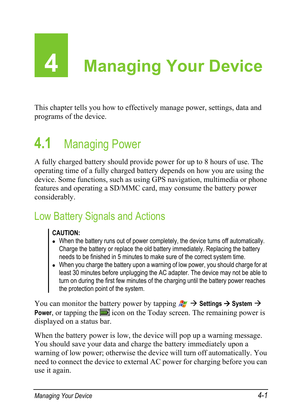 4 managing your device, 1 managing power, Low battery signals and actions | Managing your device, Managing power | Mio A501 User Manual | Page 83 / 202