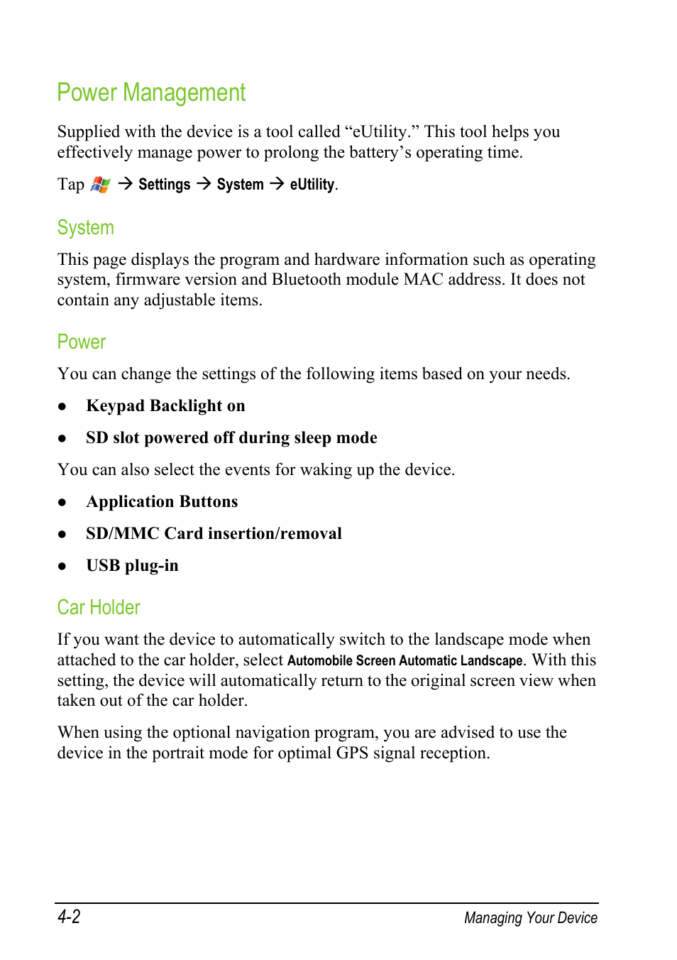 Power management, System, Power | Car holder | Mio A501 User Manual | Page 84 / 202