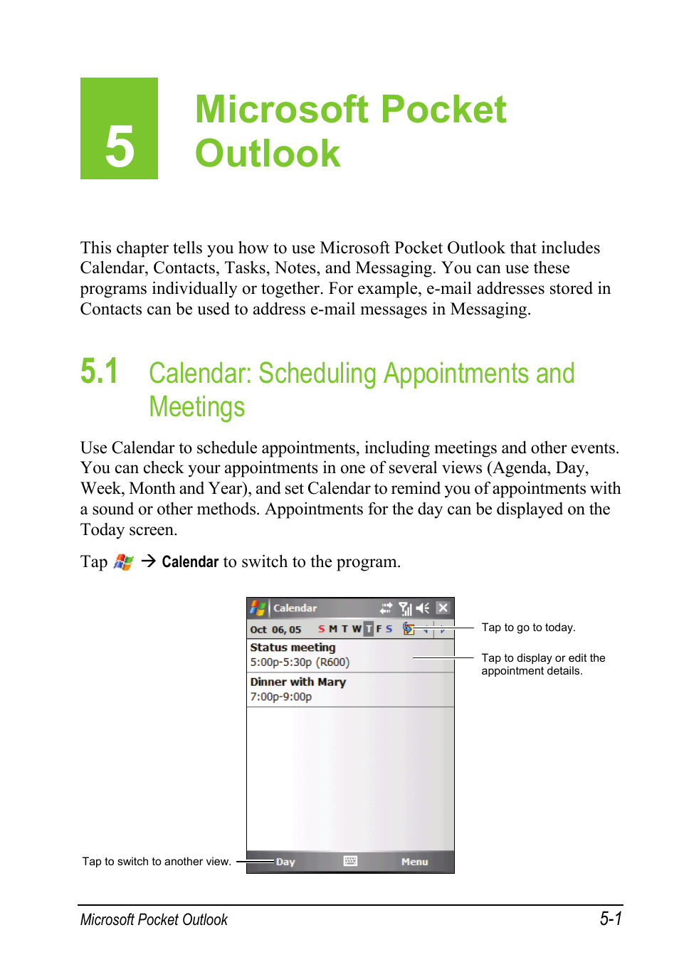 5 microsoft pocket outlook, 1 calendar: scheduling appointments and meetings, Calendar: scheduling appointments and meetings | Microsoft pocket outlook | Mio A501 User Manual | Page 95 / 202