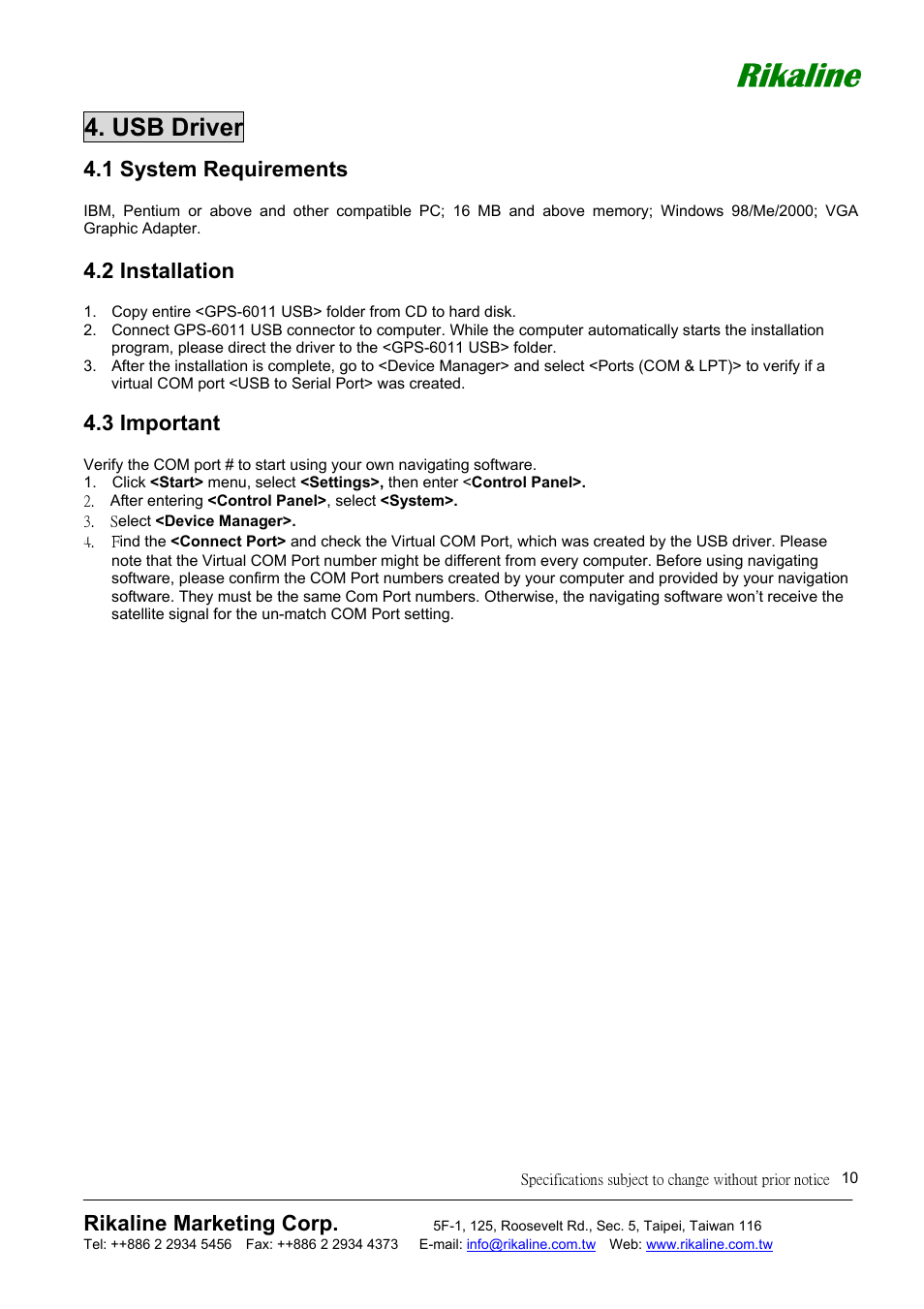 Rikaline, Usb driver, Rikaline marketing corp | 1 system requirements, 2 installation, 3 important | Mio GPS-6011 User Manual | Page 10 / 19