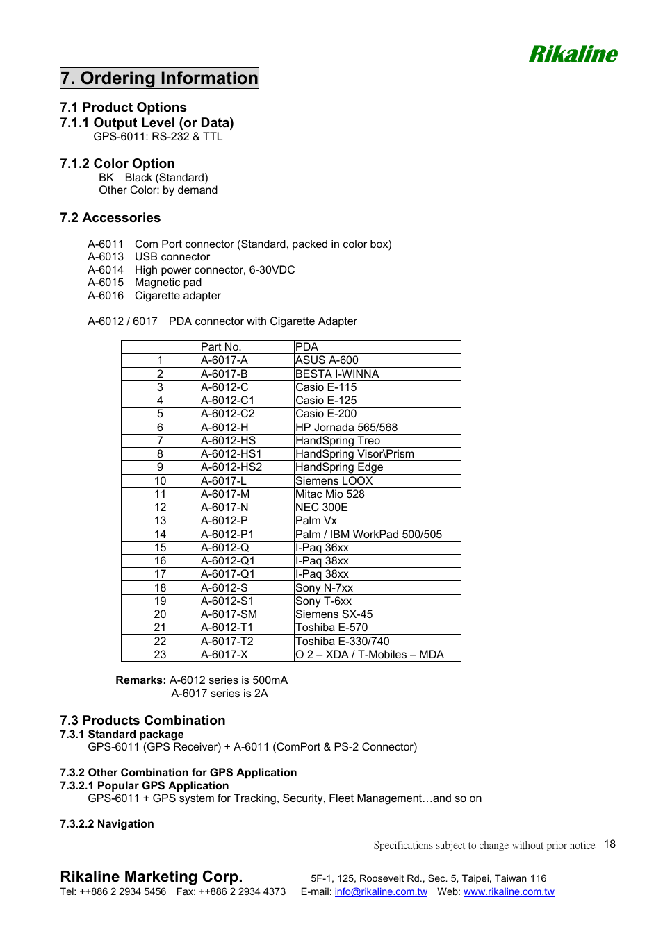 Rikaline, Ordering information, Rikaline marketing corp | Mio GPS-6011 User Manual | Page 18 / 19