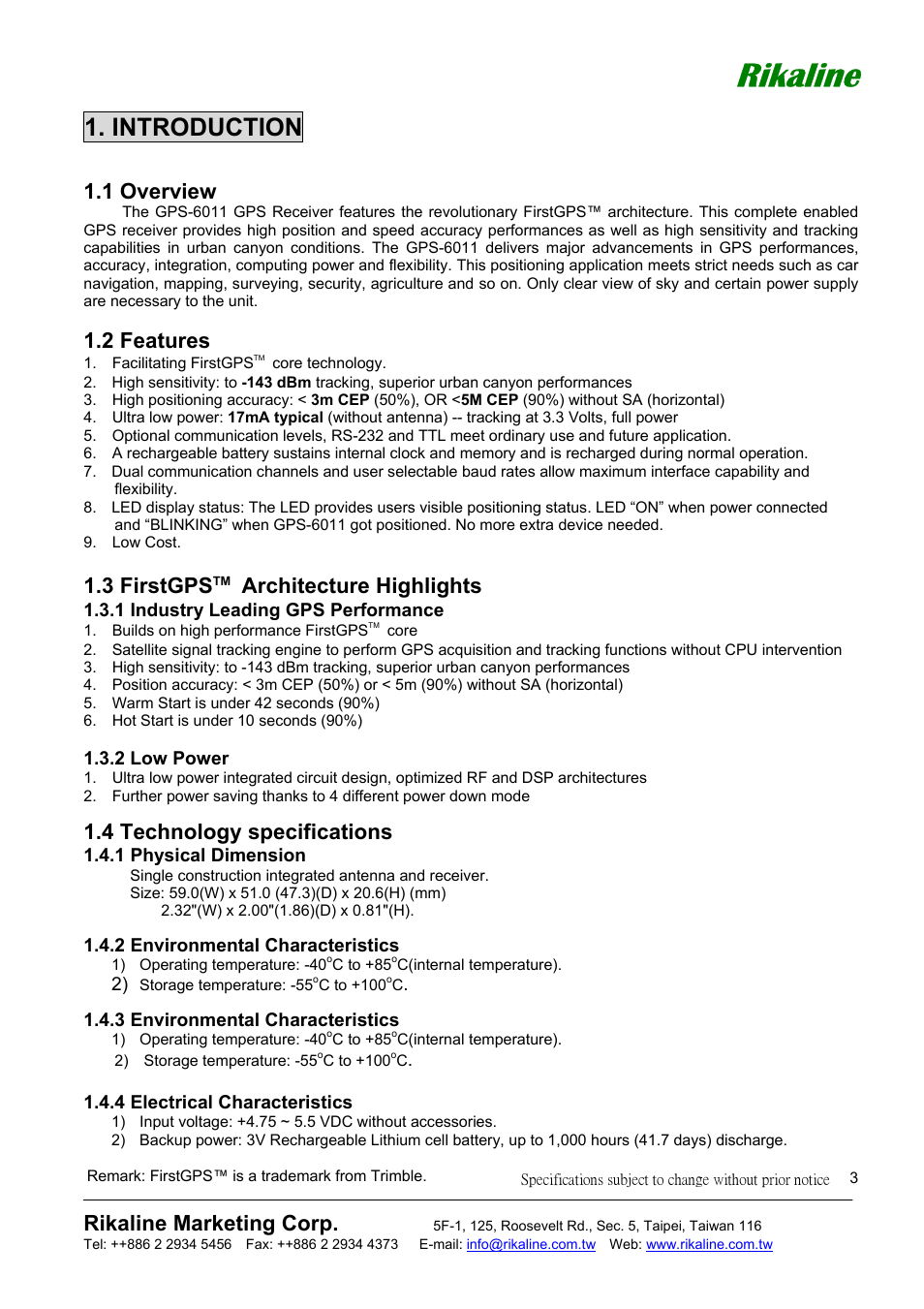 Rikaline, Introduction, Rikaline marketing corp | 1 overview, 2 features, 3 firstgps, Architecture highlights, 4 technology specifications | Mio GPS-6011 User Manual | Page 3 / 19