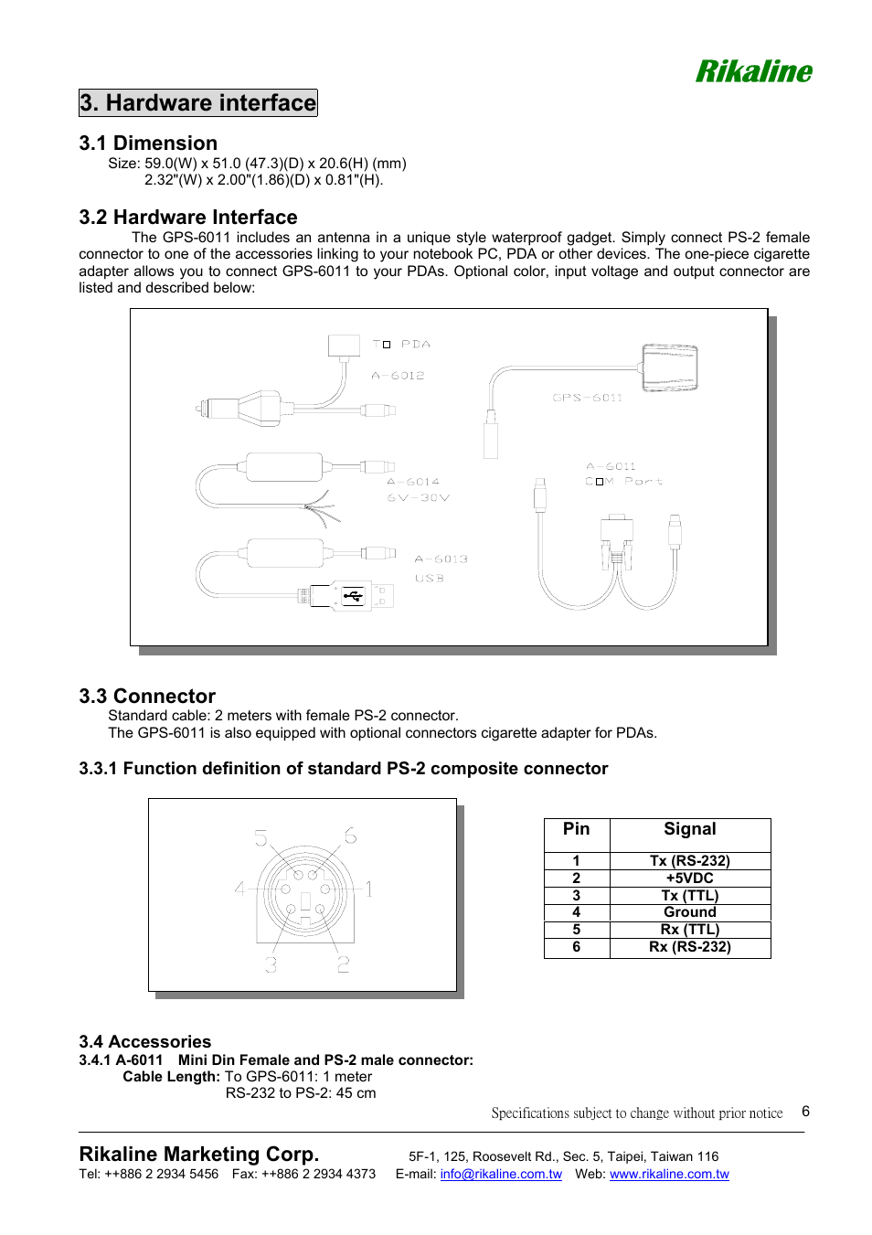 Rikaline, Hardware interface, Rikaline marketing corp | 1 dimension, 2 hardware interface, 3 connector | Mio GPS-6011 User Manual | Page 6 / 19