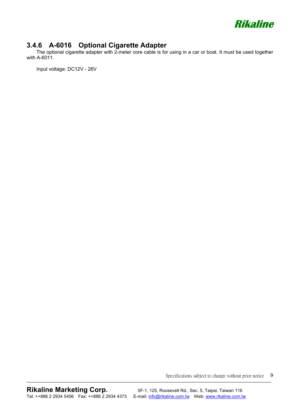 Rikaline, Rikaline marketing corp | Mio GPS-6011 User Manual | Page 9 / 19