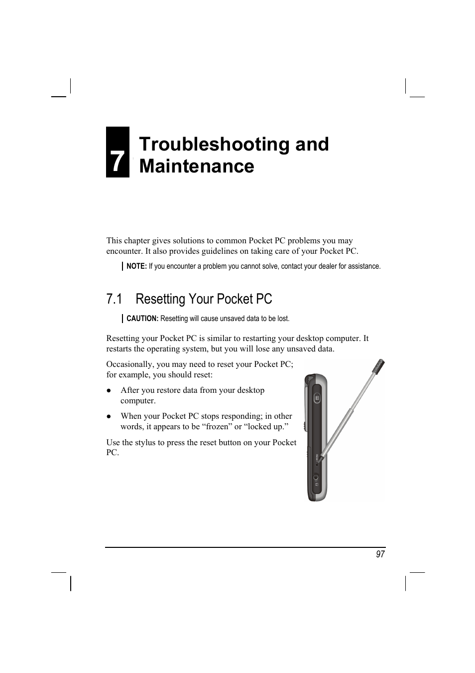 7 troubleshooting and maintenance, 1 resetting your pocket pc, Resetting your pocket pc | Troubleshooting and maintenance | Mio A201 User Manual | Page 105 / 122