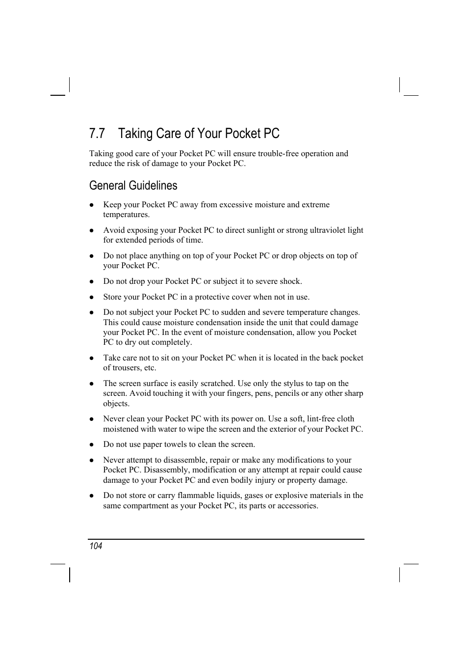 7 taking care of your pocket pc, Taking care of your pocket pc, General guidelines | Mio A201 User Manual | Page 112 / 122