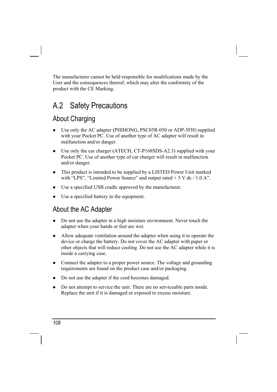 A.2 safety precautions, Safety precautions, About charging | About the ac adapter | Mio A201 User Manual | Page 116 / 122