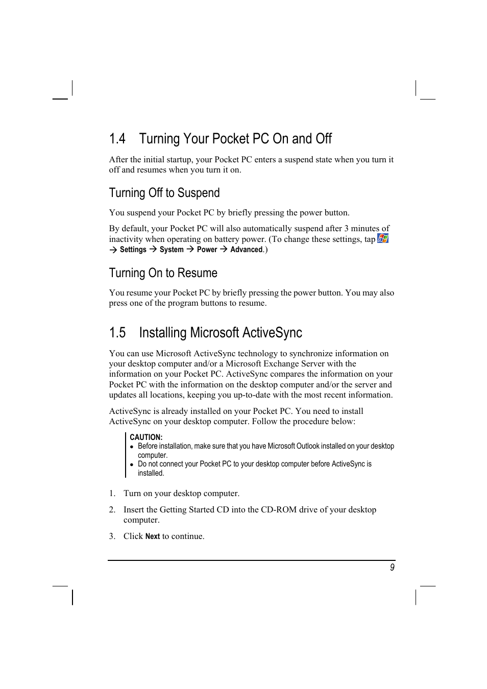 4 turning your pocket pc on and off, 5 installing microsoft activesync, Turning your pocket pc on and off | Turning off to suspend, Turning on to resume, Installing microsoft activesync | Mio A201 User Manual | Page 17 / 122