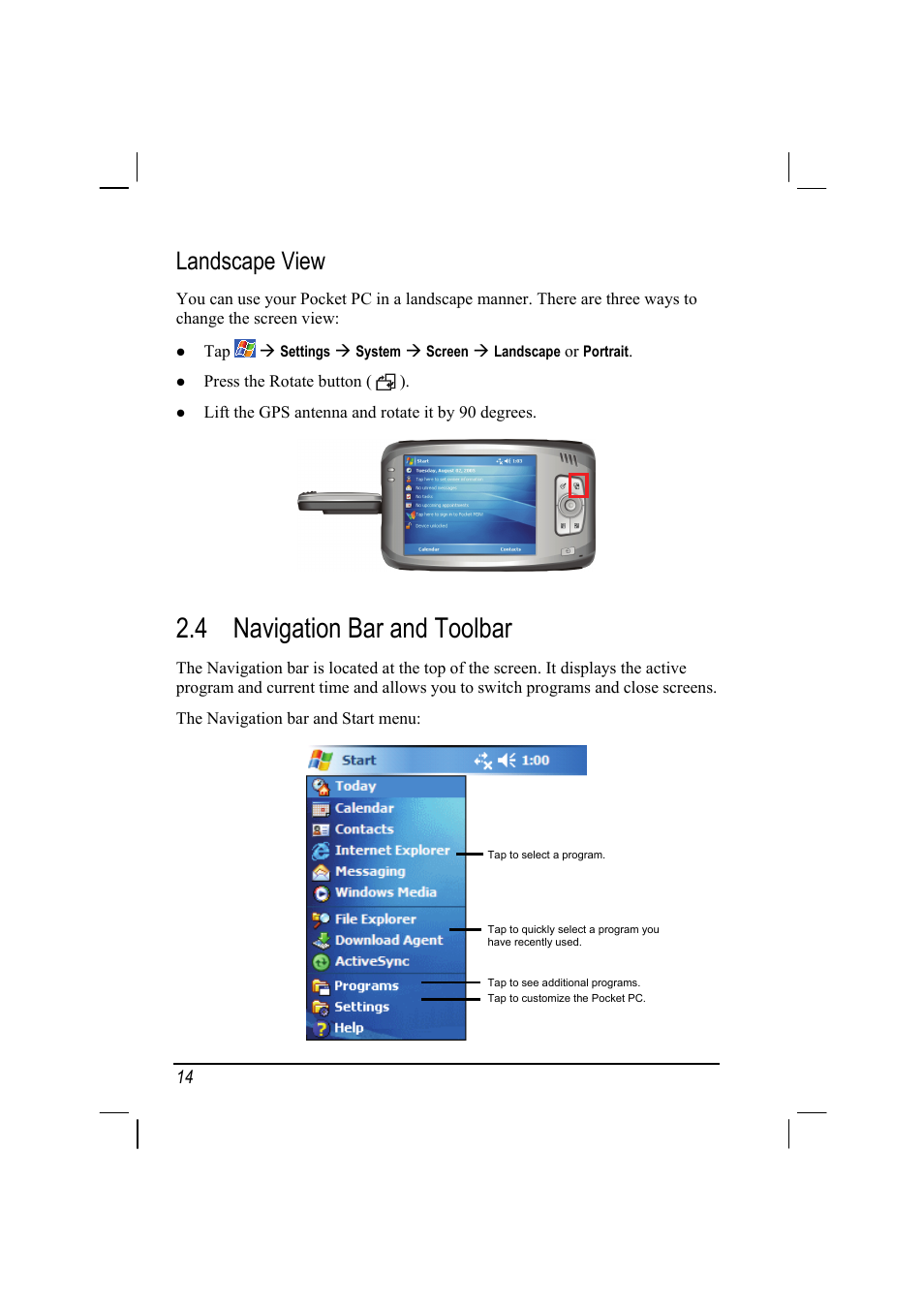 4 navigation bar and toolbar, Landscape view, Navigation bar and toolbar | Mio A201 User Manual | Page 22 / 122
