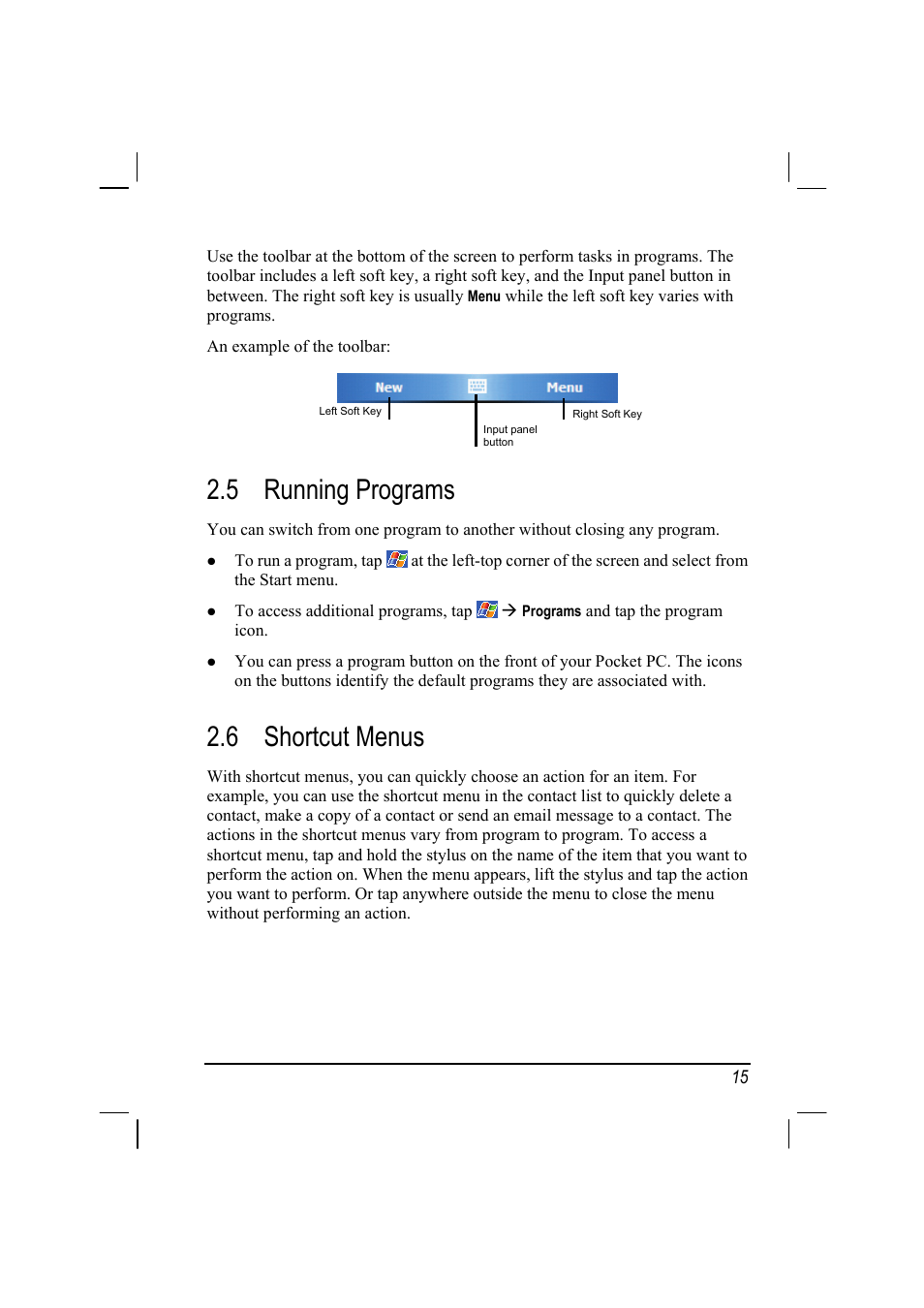 5 running programs, 6 shortcut menus, Running programs | Shortcut menus | Mio A201 User Manual | Page 23 / 122