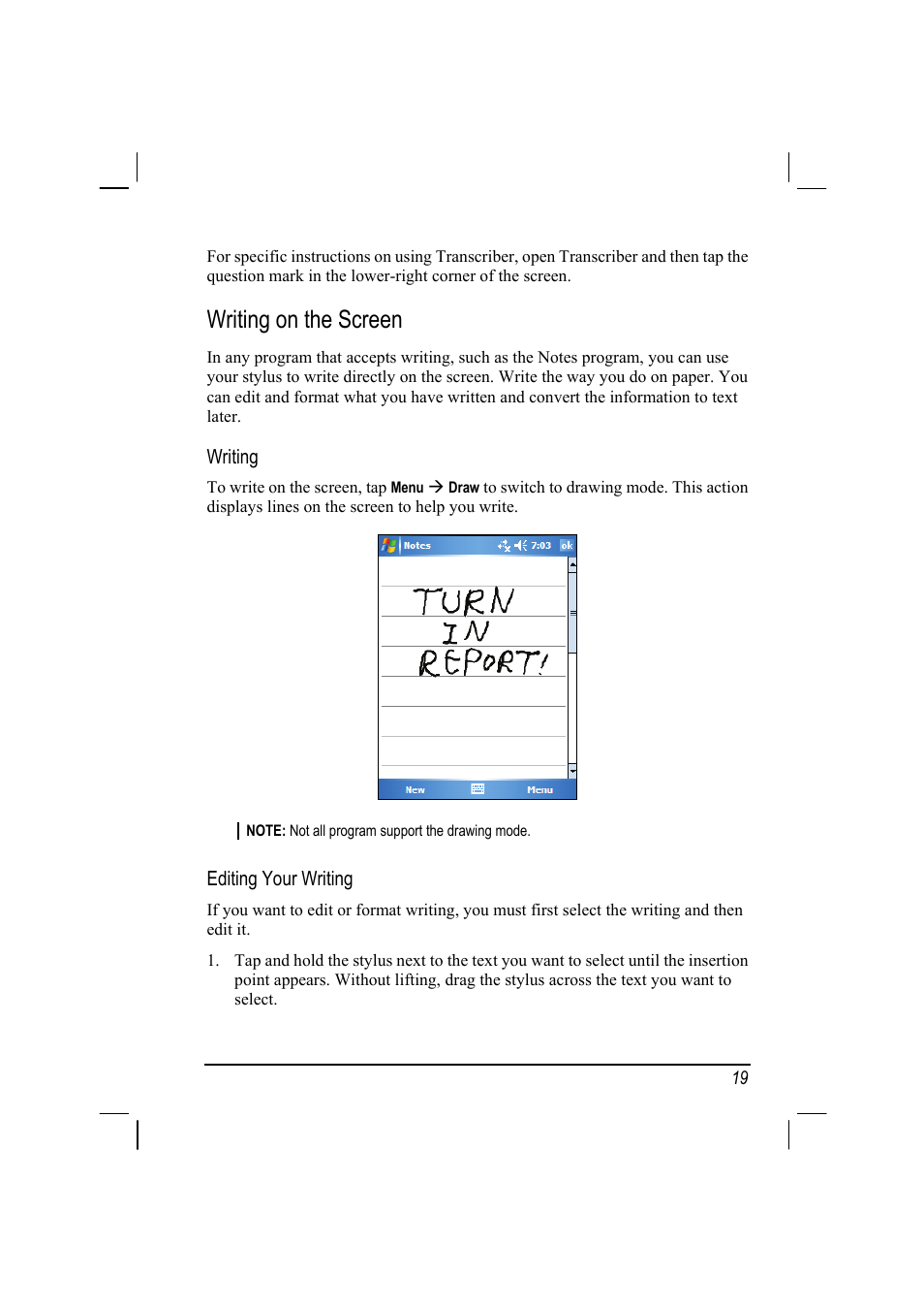 Writing on the screen | Mio A201 User Manual | Page 27 / 122