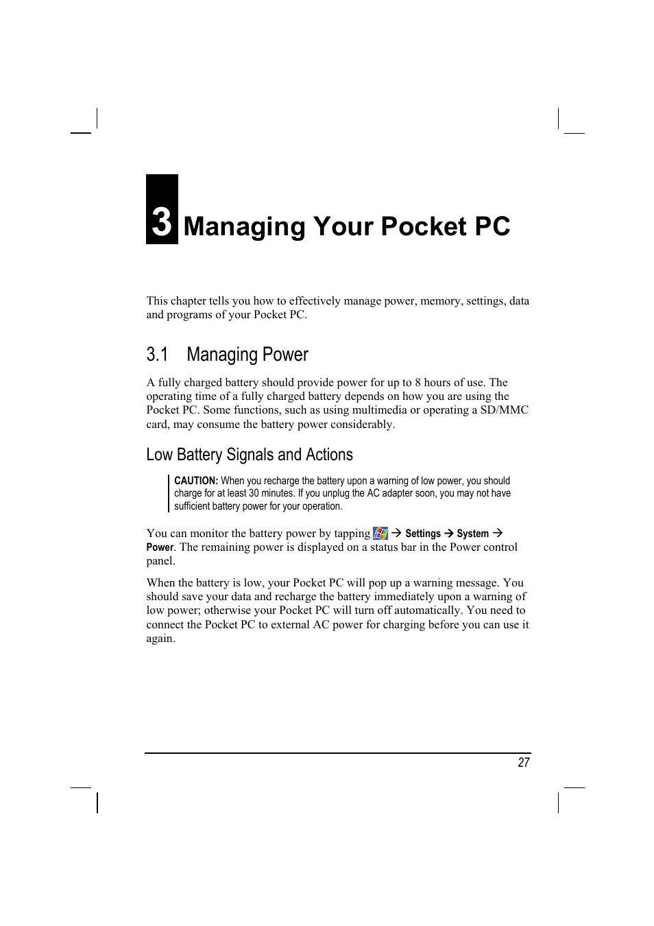 3 managing your pocket pc, 1 managing power, Managing power | Low battery signals and actions, Managing your pocket pc | Mio A201 User Manual | Page 35 / 122