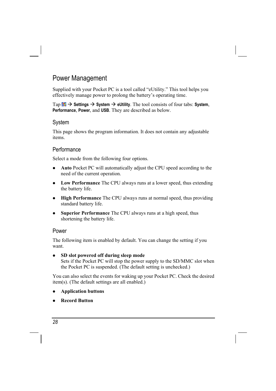 Power management, System, Performance | Power | Mio A201 User Manual | Page 36 / 122