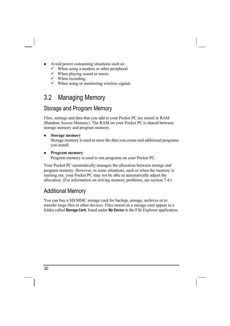 2 managing memory, Managing memory, Storage and program memory | Additional memory | Mio A201 User Manual | Page 38 / 122