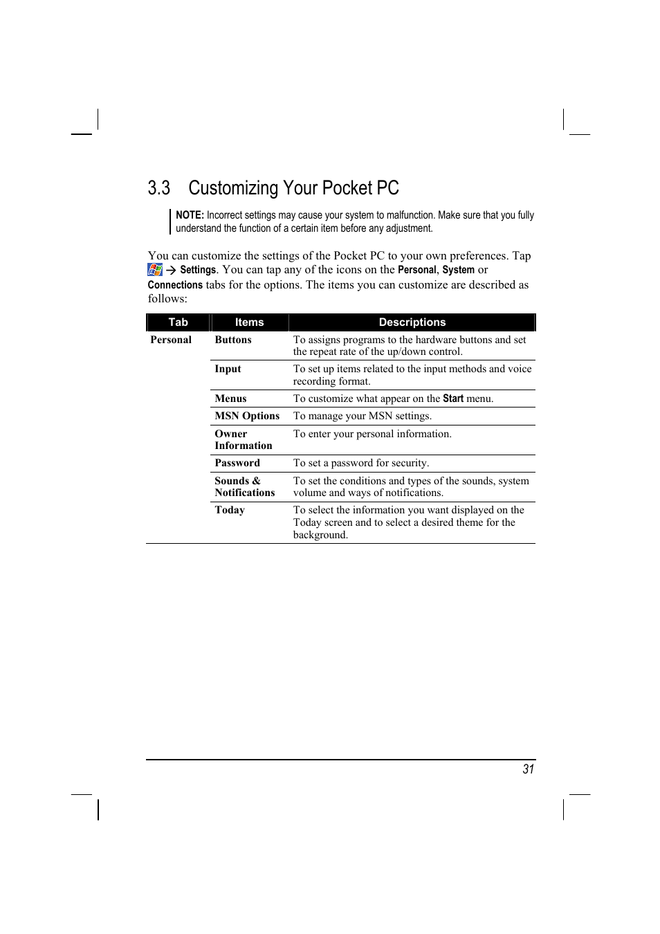 3 customizing your pocket pc, Customizing your pocket pc | Mio A201 User Manual | Page 39 / 122