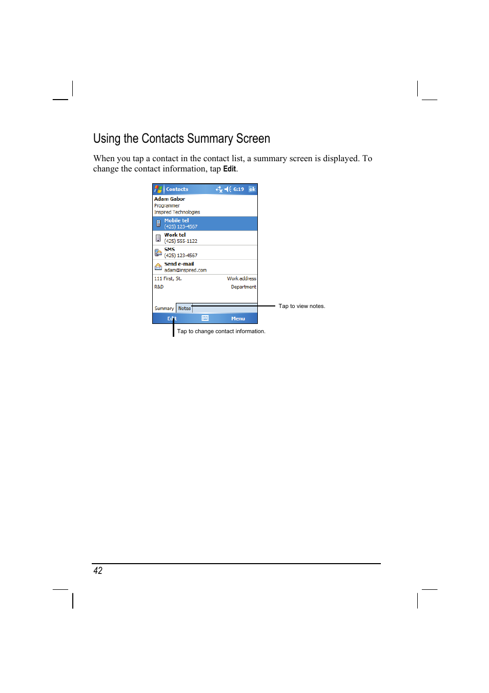 Using the contacts summary screen | Mio A201 User Manual | Page 50 / 122