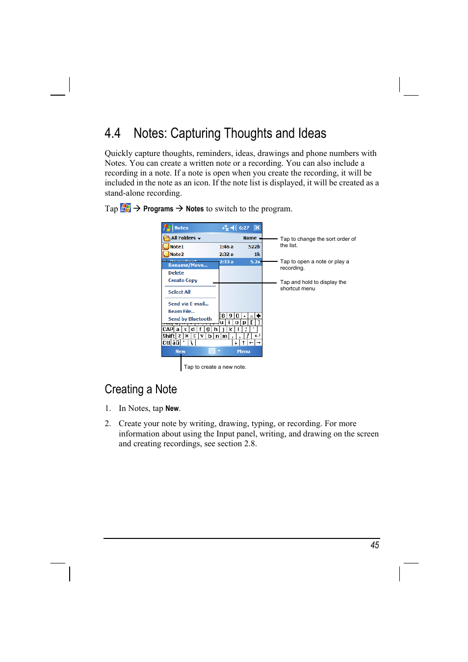 4 notes: capturing thoughts and ideas, Notes: capturing thoughts and ideas, Creating a note | Mio A201 User Manual | Page 53 / 122