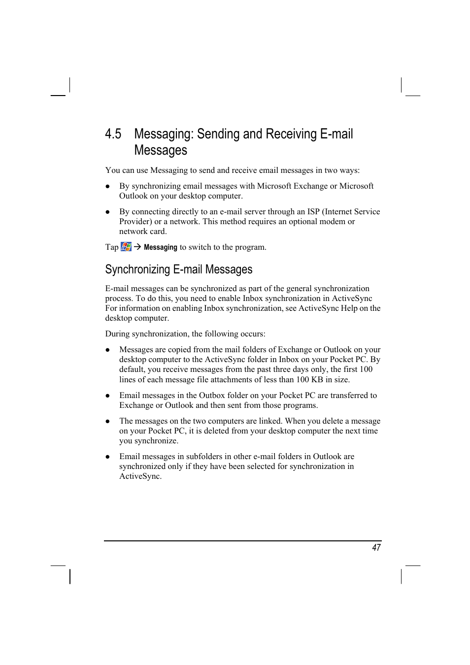 5 messaging: sending and receiving e-mail messages, Messaging: sending and receiving e-mail messages, Synchronizing e-mail messages | Mio A201 User Manual | Page 55 / 122