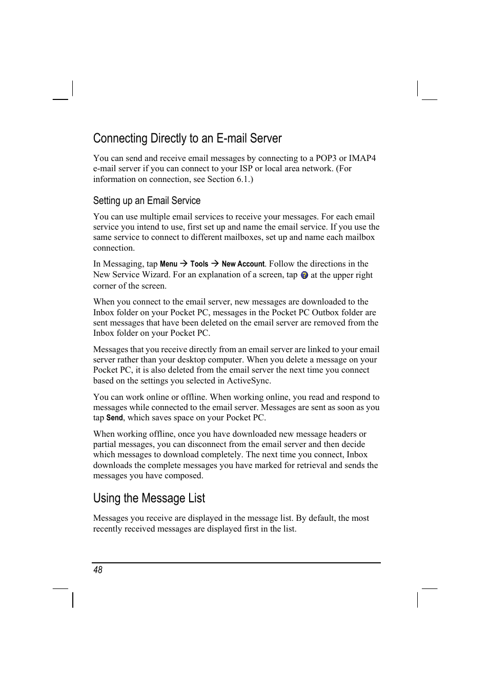 Connecting directly to an e-mail server, Using the message list | Mio A201 User Manual | Page 56 / 122