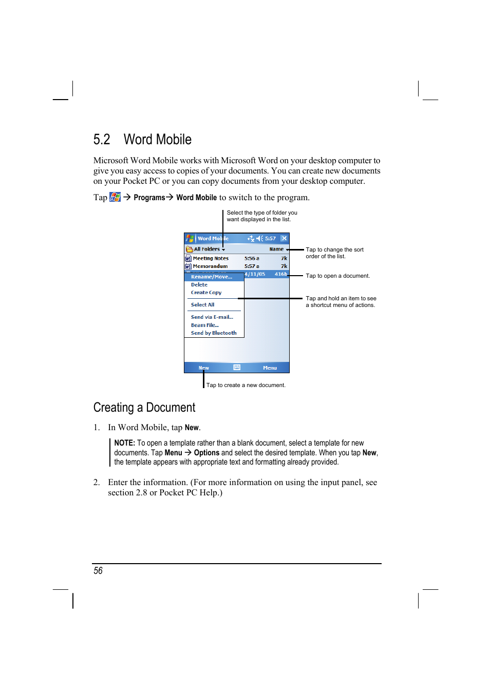 2 word mobile, Word mobile, Creating a document | Mio A201 User Manual | Page 64 / 122