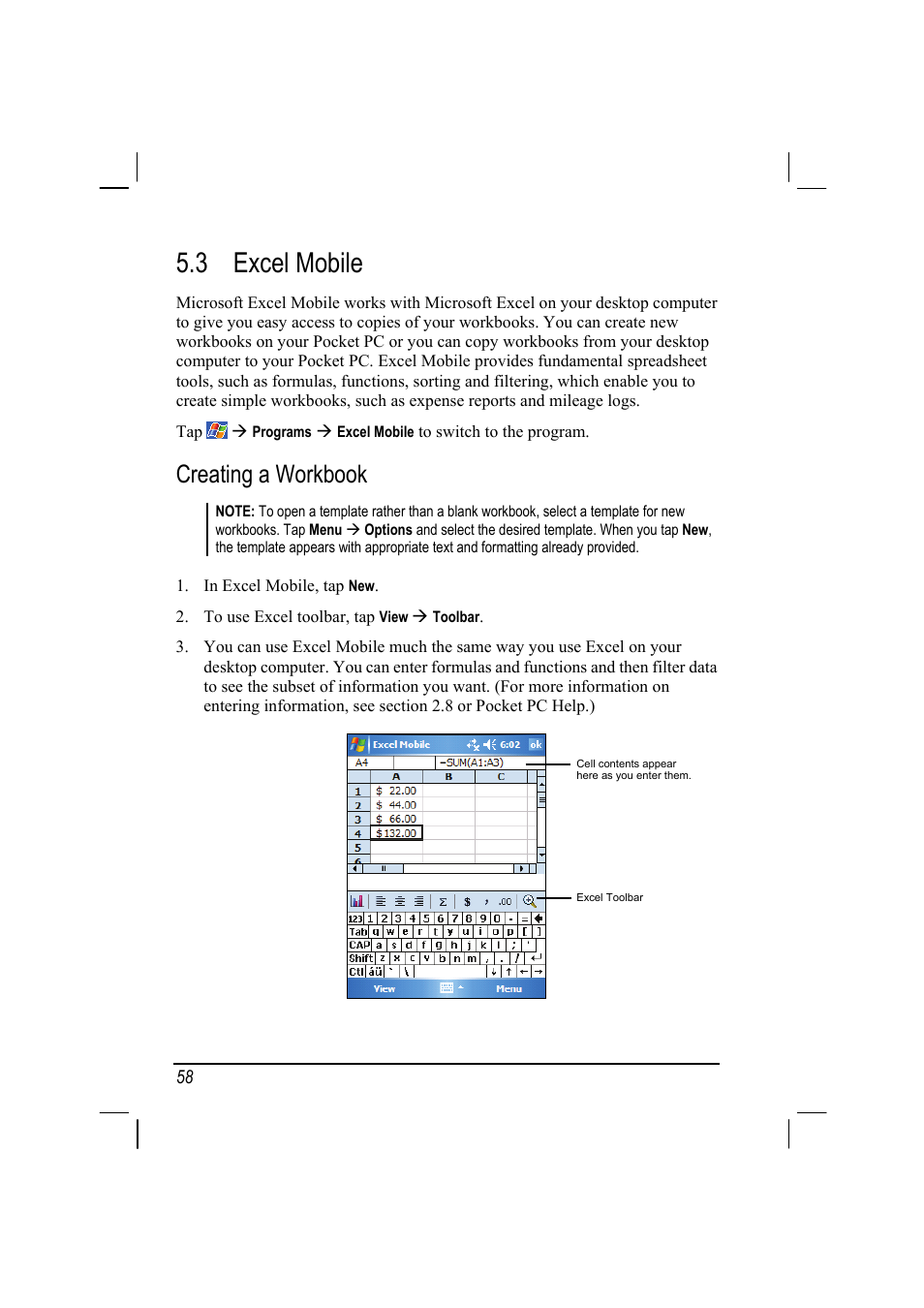 3 excel mobile, Excel mobile, Creating a workbook | Mio A201 User Manual | Page 66 / 122