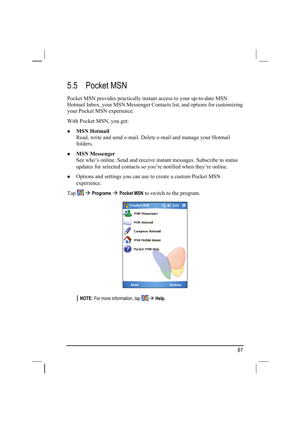 5 pocket msn, Pocket msn | Mio A201 User Manual | Page 69 / 122