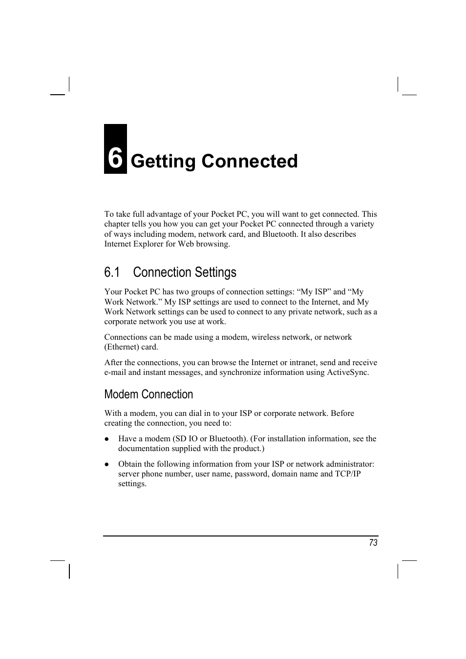 6 getting connected, 1 connection settings, Connection settings | Modem connection, Getting connected | Mio A201 User Manual | Page 81 / 122